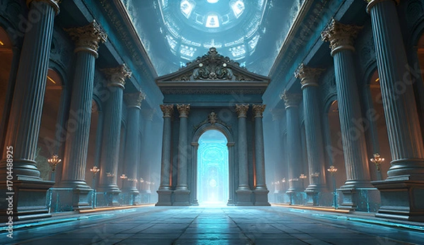 Fototapeta The contrast between historical architecture and futuristic digital elements creates a striking visual metaphor for progress and innovation, symbolizing technology’s impact on tradition