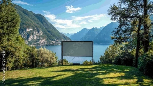 Fototapeta Large outdoor screen overlooks serene lake and majestic mountains. Panoramic view for an immersive experience.
