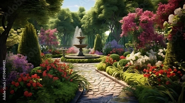 Fototapeta Idyllic garden scene with stone pathway leading to a central fountain and lush greenery