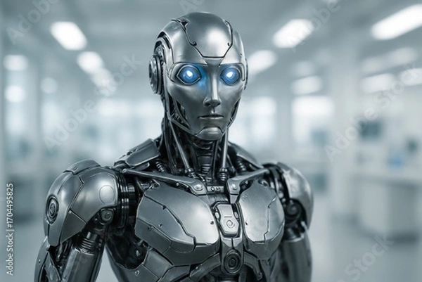 Fototapeta Advanced robotic humanoid with glowing blue eyes. Innovative AI technology for future intelligence innovation.