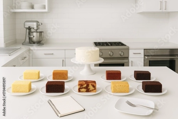 Fototapeta Variety of cake samples for tasting and evaluation. Different flavors presented in a modern kitchen setting.