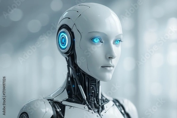 Fototapeta The sleek white robot stands with glowing blue eyes. This AI humanoid represents advanced technology and the future.