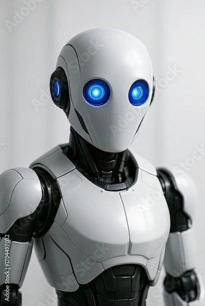 Fototapeta White robot with brilliant blue eyes signifies artificial intelligence. Futuristic concept of advanced robotics.