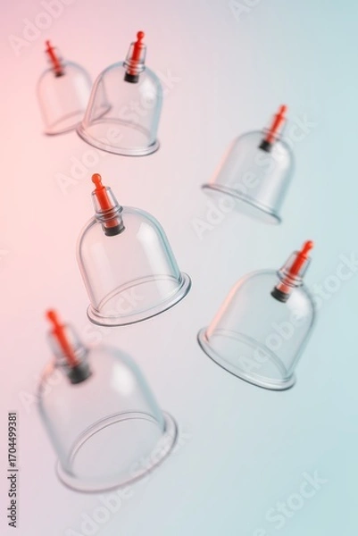 Fototapeta Hijama, treatment according to the Sunnah. Multiple cupping therapy cups hover in motion. Dynamic composition represents alternative medicine and wellness.