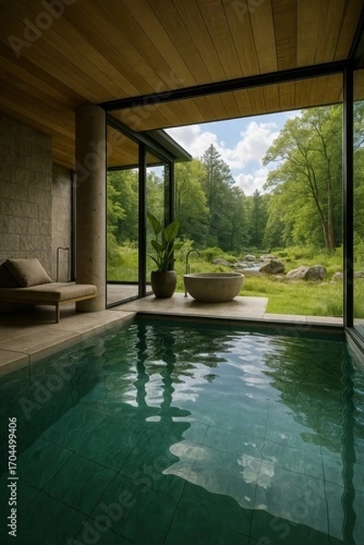 Fototapeta Luxurious indoor pool and spa area with a stunning view of a lush green forest.