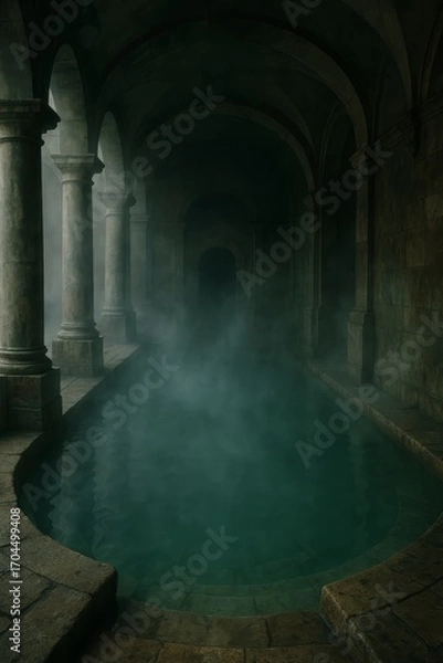 Fototapeta Ancient thermal bath or Roman spa shrouded in mysterious mist. Pillars and arches create a moody, tranquil underground atmosphere.