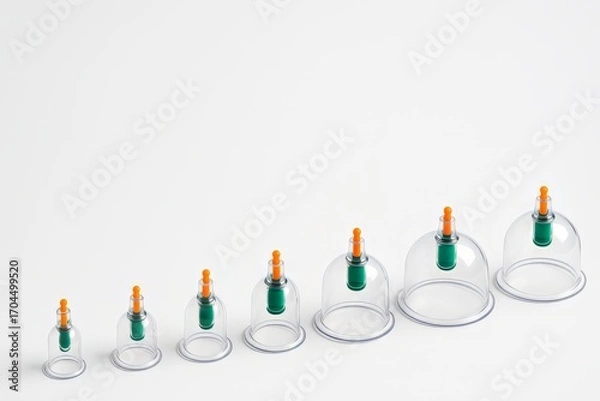 Fototapeta Medical cupping therapy cups of varying sizes arranged on a clean white background. Essential tools for traditional wellness practices and alternative medicine. Hijama, treatment according to the Sunn