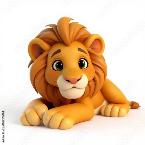 Fototapeta A charming 3D rendered illustration of a cute, friendly cartoon lion with big green eyes and an orange mane, lying down on a white background, perfect for children's animation