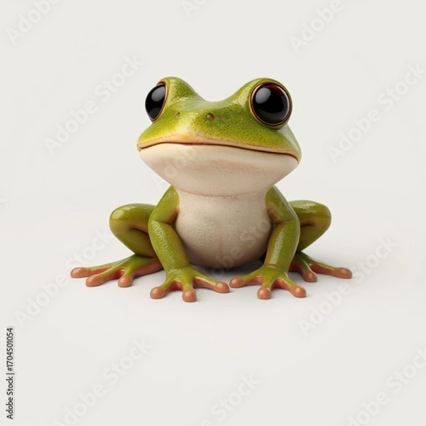 Fototapeta A charming 3D illustration features a cute, bright green frog with large black eyes and a friendly expression, rendered on a clean white background, ideal for children's content