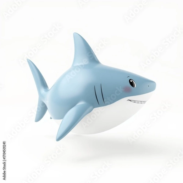 Fototapeta A charming 3D rendered cartoon shark with a friendly smile and rosy cheeks, designed with a simple, cute aesthetic perfect for children's animation and educational content, set against a clean white