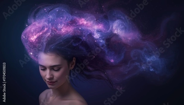 Fototapeta A beautiful woman with her hair transforming into a vibrant nebula filled with stars and cosmic dust a stunning representation of imagination and the universe within