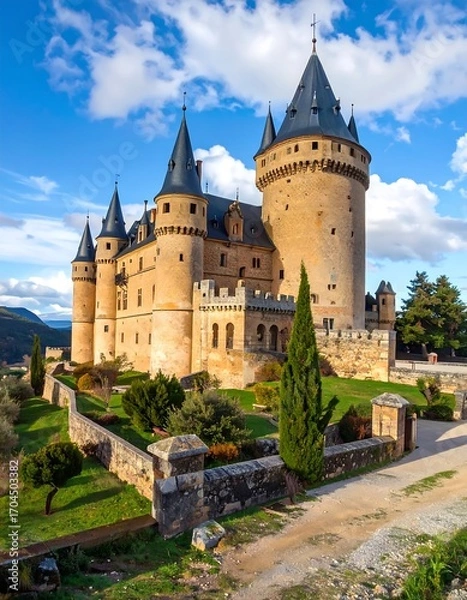 Obraz Massive, ancient castle with manicured gardens