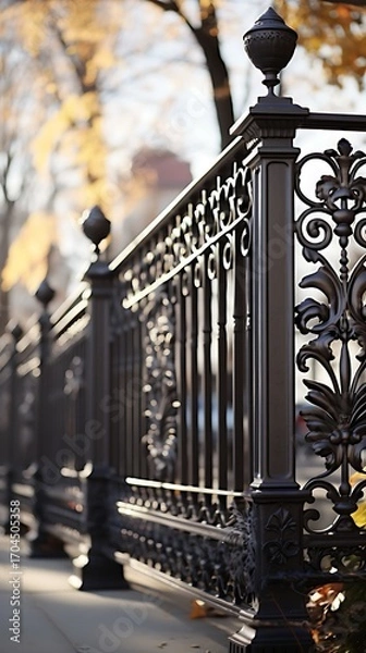 Fototapeta Intricate ironwork fence showcasing delicate patterns and autumnal blurred backdrop creates urban