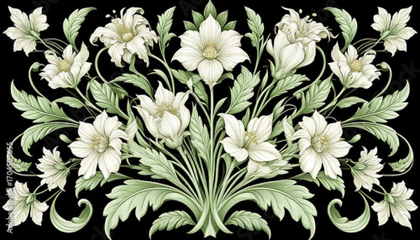Obraz Bas-relief, light green flowers on a black background. Floral decorative panel.