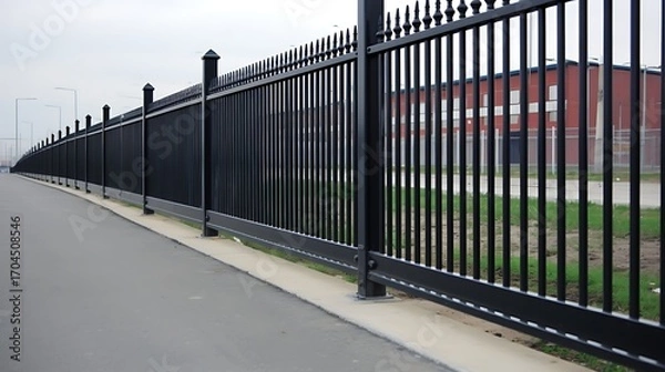 Fototapeta Long continuous black metallic fence with spiked top stretching alongside a road on overcast day