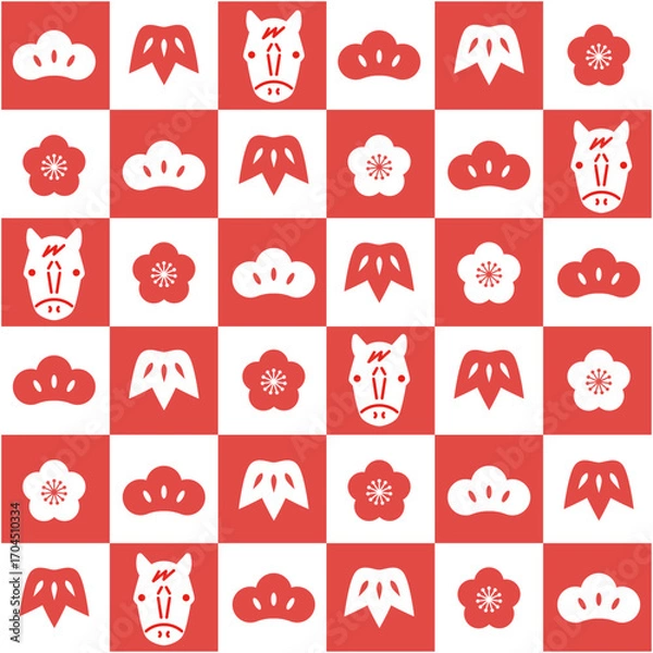 Fototapeta 2026年 午年の年賀状 馬と松竹梅のアイコンの赤い市松模様の背景デザイン