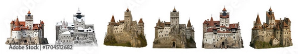Fototapeta Historic castle set including various architectural details and seasonal views isolated. European travel and landmark collection.