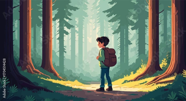 Fototapeta Young adventurous boy with a backpack standing on a forest path.