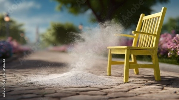 Fototapeta Yellow Chair Exploding In Garden Pathway