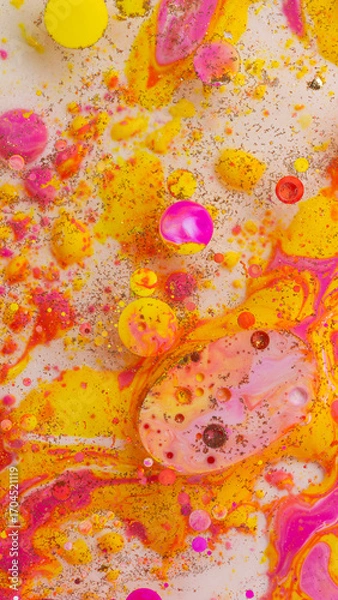 Fototapeta Colorful abstract liquid art background with pink yellow orange bubbles, vibrant psychedelic fluid paint texture, bright modern creative design