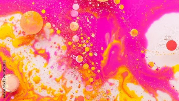Fototapeta Colorful abstract liquid art background with pink yellow orange bubbles, vibrant psychedelic fluid paint texture, bright modern creative design