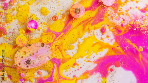 Fototapeta Colorful abstract liquid art background with pink yellow orange bubbles, vibrant psychedelic fluid paint texture, bright modern creative design