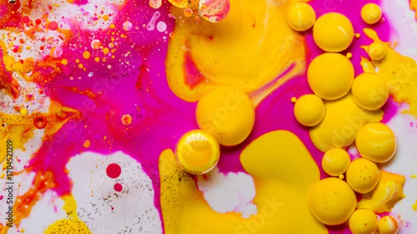 Fototapeta Colorful abstract liquid art background with pink yellow orange bubbles, vibrant psychedelic fluid paint texture, bright modern creative design