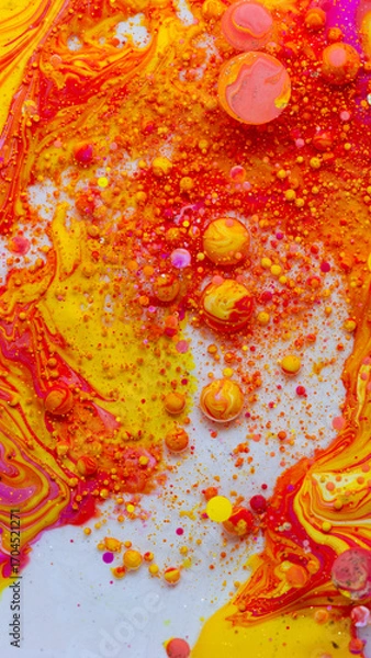 Fototapeta Colorful abstract liquid art background with pink yellow orange bubbles, vibrant psychedelic fluid paint texture, bright modern creative design