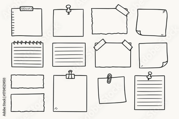 Fototapeta Doodle sketch vector illustration of blank notes and sticky notes in various styles