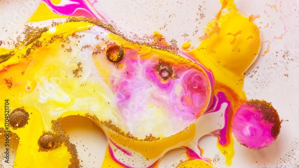 Fototapeta Colorful abstract liquid art background with pink yellow orange bubbles, vibrant psychedelic fluid paint texture, bright modern creative design