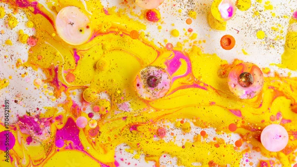 Fototapeta Colorful abstract liquid art background with pink yellow orange bubbles, vibrant psychedelic fluid paint texture, bright modern creative design