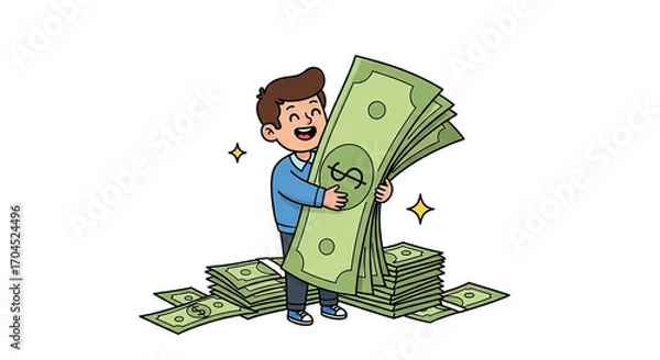 Fototapeta Happy man hugging big stack of money standing on pile of cash