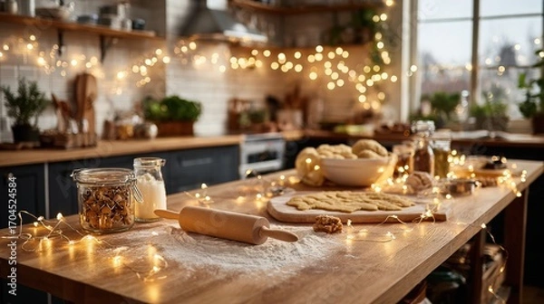 Fototapeta Kitchen counter with cookie dough, ingredients, and string lights