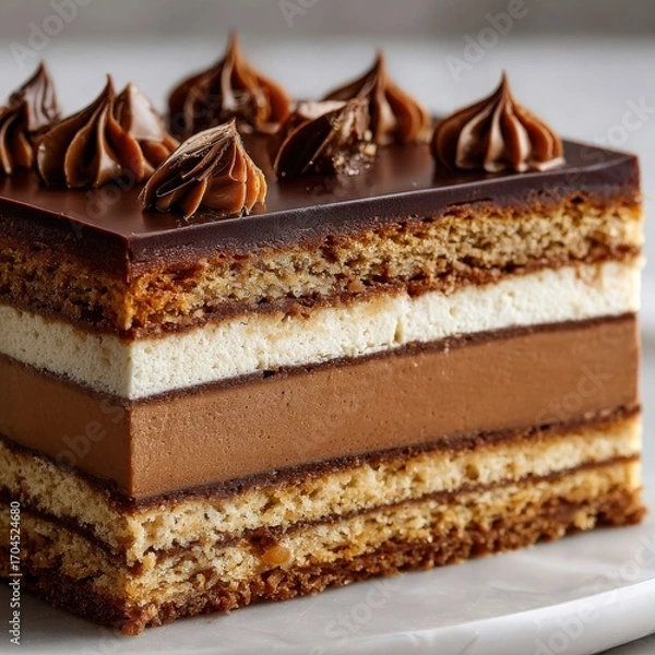 Fototapeta Layered Chocolate Cake Slice with Glaze and Frosting