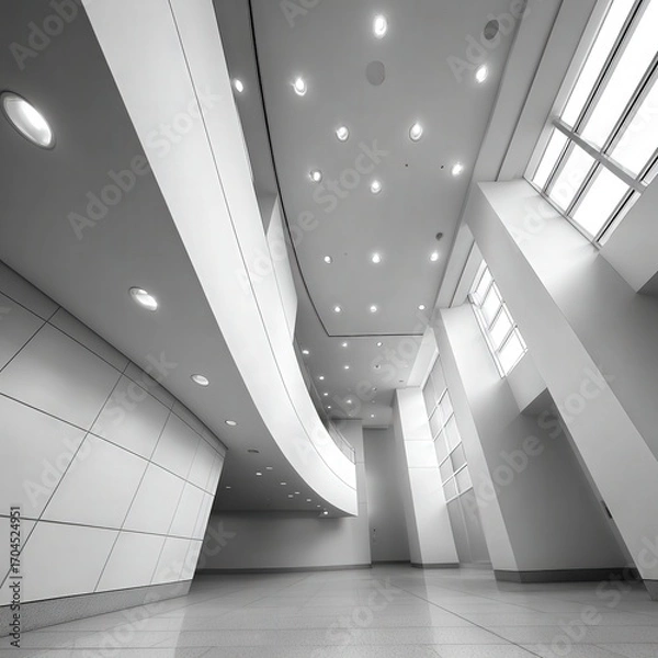 Fototapeta Modern Interior Architecture with Curved Walls and Angled Windows