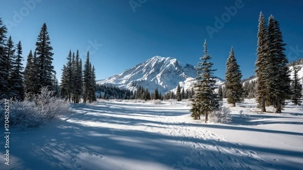 Fototapeta Snowy Mountain and Evergreen Trees