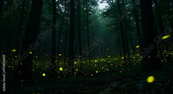 Fototapeta A dark forest filled with glowing fireflies, creating a magical and enchanting night atmosphere