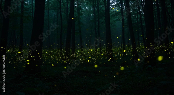 Fototapeta A dark forest filled with glowing fireflies, creating a magical and enchanting night atmosphere