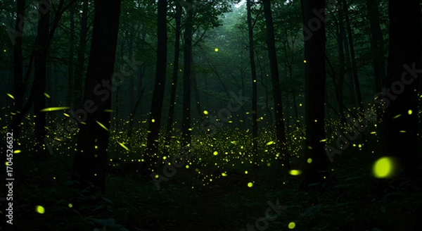 Fototapeta A dark forest filled with glowing fireflies, creating a magical and enchanting night atmosphere