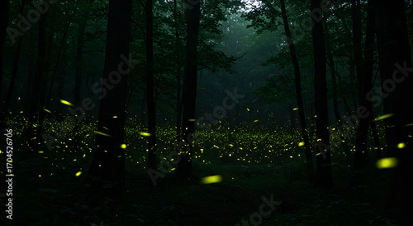Fototapeta A dark forest filled with glowing fireflies, creating a magical and enchanting night atmosphere