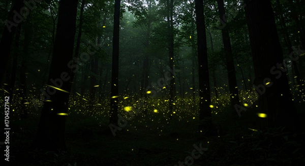 Fototapeta A dark forest filled with glowing fireflies, creating a magical and enchanting night atmosphere