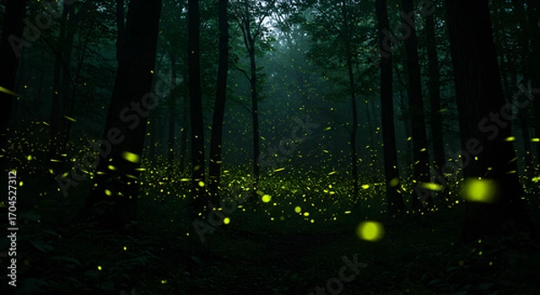 Fototapeta A dark forest filled with glowing fireflies, creating a magical and enchanting night atmosphere