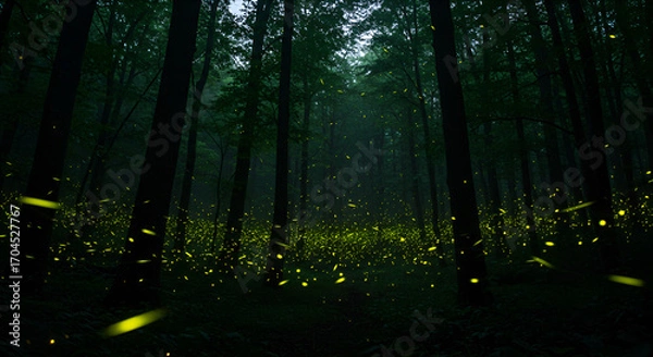 Fototapeta A dark forest filled with glowing fireflies, creating a magical and enchanting night atmosphere