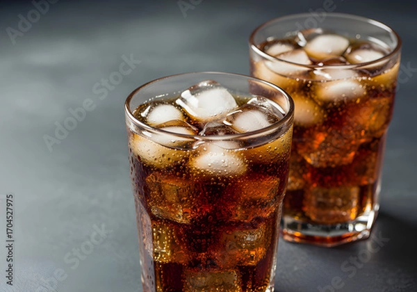 Fototapeta Close-up shot of two glasses filled with cola and ice, creating a cool and inviting beverage scene. The dark soda contrasts with the clear ice, perfect for a hot day.