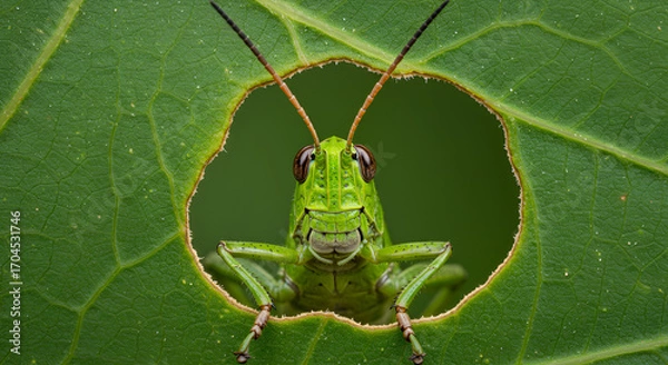 Fototapeta A green grasshopper peeks through a bitten leaf hole, showing detailed close-up of its face and antennae