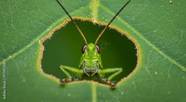 Fototapeta A green grasshopper peeks through a bitten leaf hole, showing detailed close-up of its face and antennae