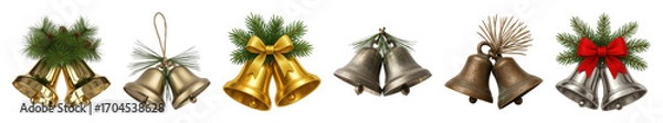 Obraz Christmas bells set including gold, silver, bronze, and antique styles, adorned with fir, pine cones, and bows isolated. Holiday season and festive decoration.