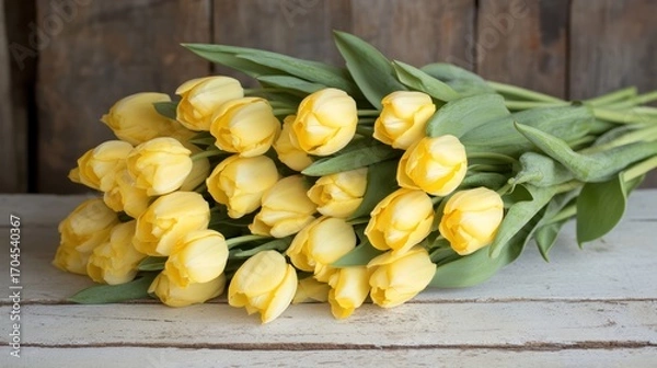 Fototapeta A Beautiful Bunch of Yellow Tulips on a Rustic Wooden Surface