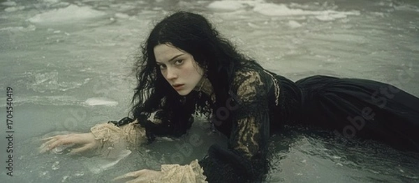 Fototapeta Ethereal Woman in Black Lace Dress Submerged in Icy Water