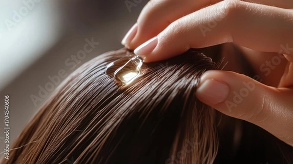 Fototapeta Close-up of Hand Applying Hair Serum to Brown Hair